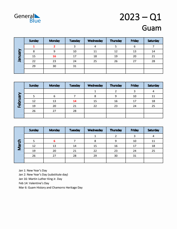 Free Q1 2023 Calendar for Guam - Sunday Start