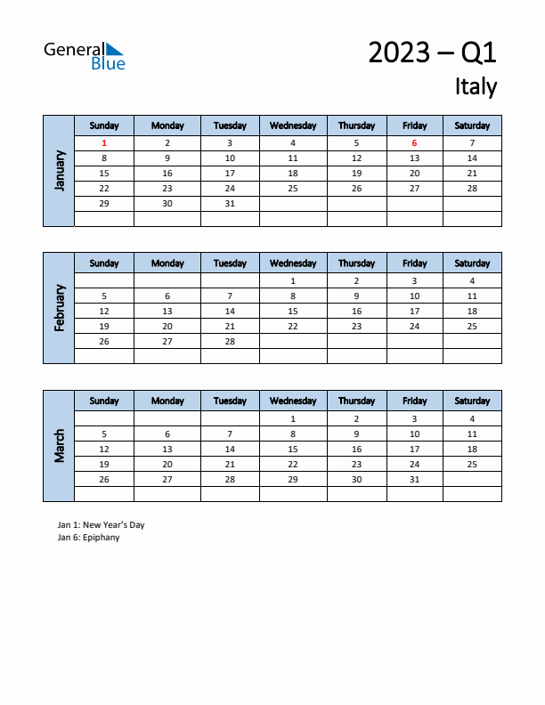 Free Q1 2023 Calendar for Italy - Sunday Start