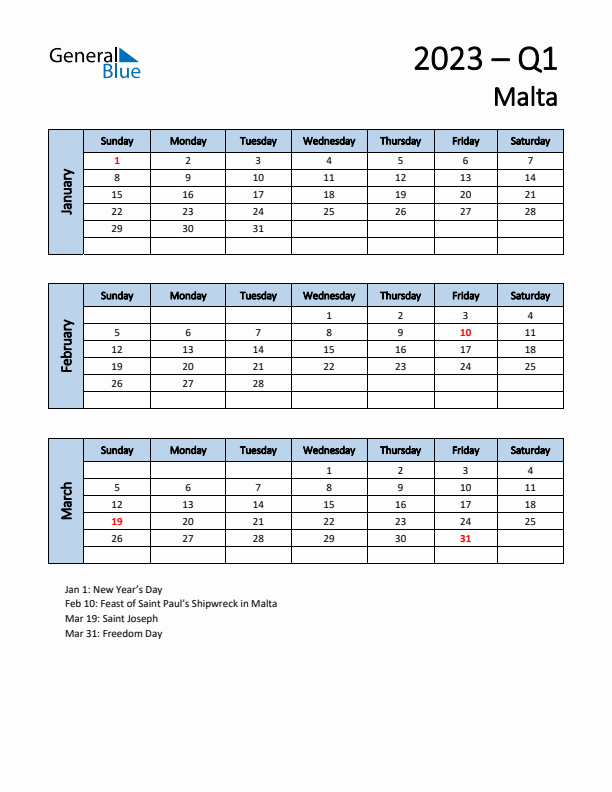 Free Q1 2023 Calendar for Malta - Sunday Start