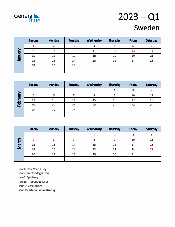 Free Q1 2023 Calendar for Sweden - Sunday Start