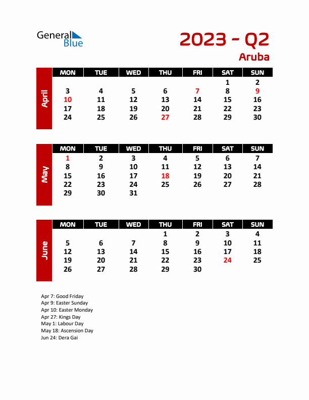 Q2 2023 Calendar with Holidays in Aruba