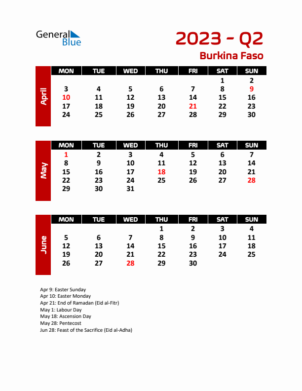 Q2 2023 Calendar with Holidays in Burkina Faso