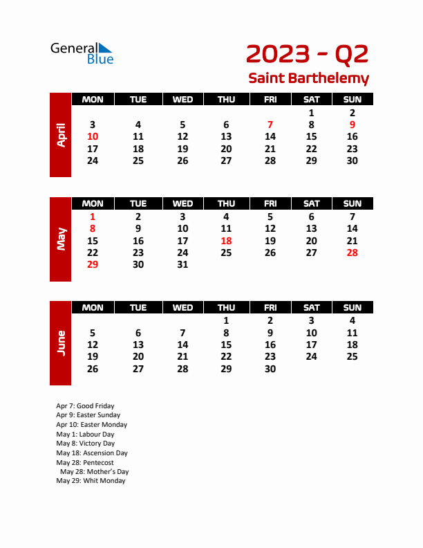 Q2 2023 Calendar with Holidays in Saint Barthelemy