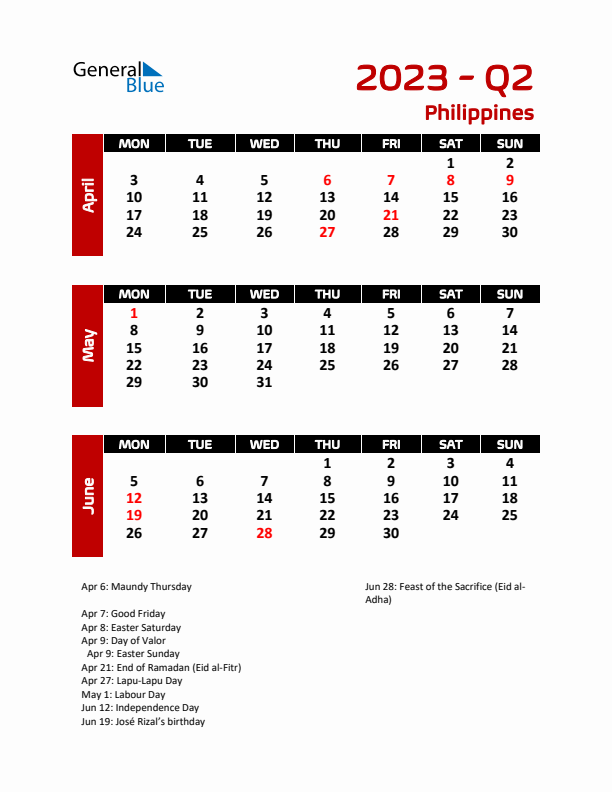 Q2 2023 Calendar with Holidays in Philippines