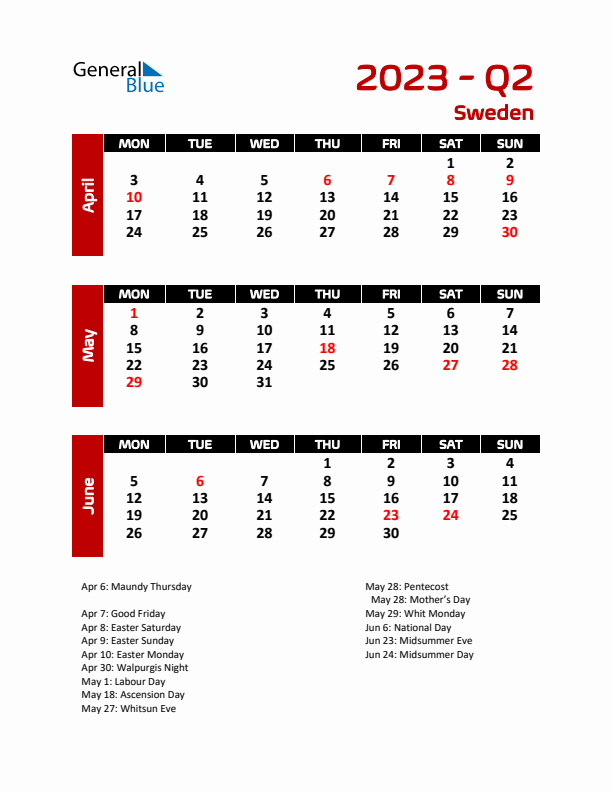 Q2 2023 Calendar with Holidays in Sweden