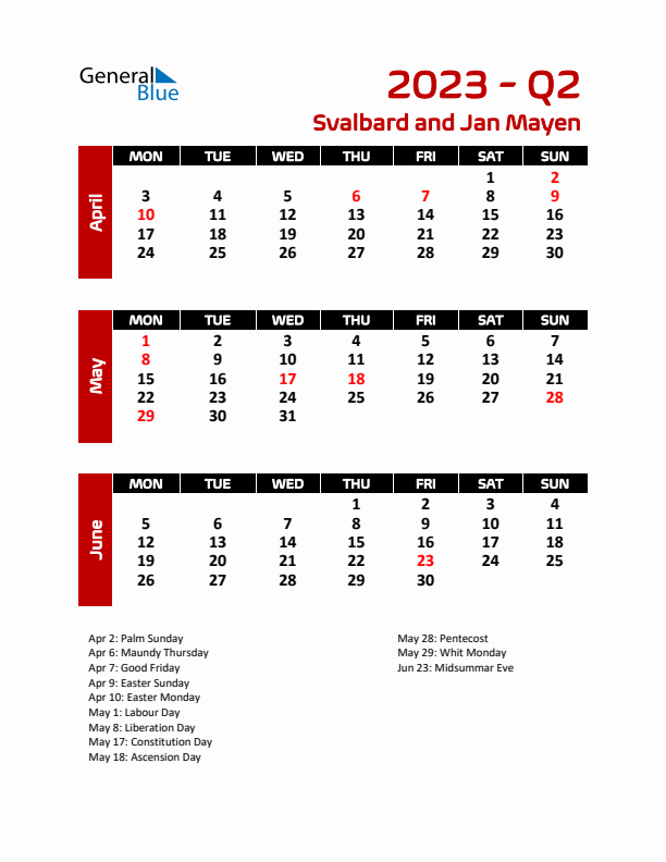 Q2 2023 Calendar with Holidays in Svalbard and Jan Mayen