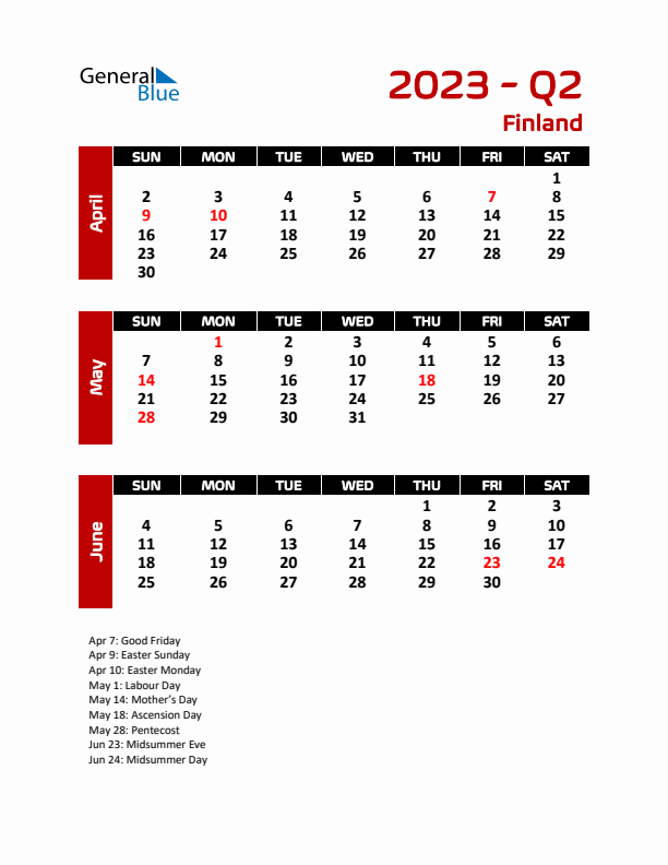 Q2 2023 Calendar with Holidays in Finland