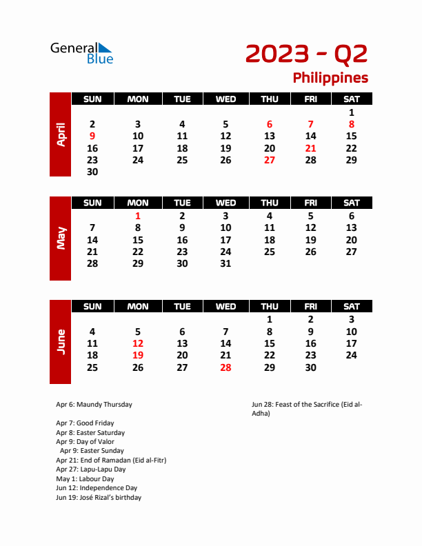 Q2 2023 Calendar with Holidays in Philippines