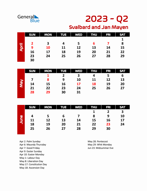 Q2 2023 Calendar with Holidays in Svalbard and Jan Mayen