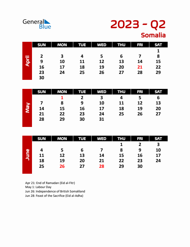 Q2 2023 Calendar with Holidays in Somalia