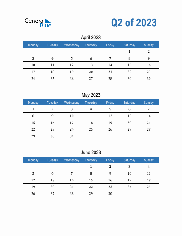 Fillable Quarterly Calendar for Q2 2023