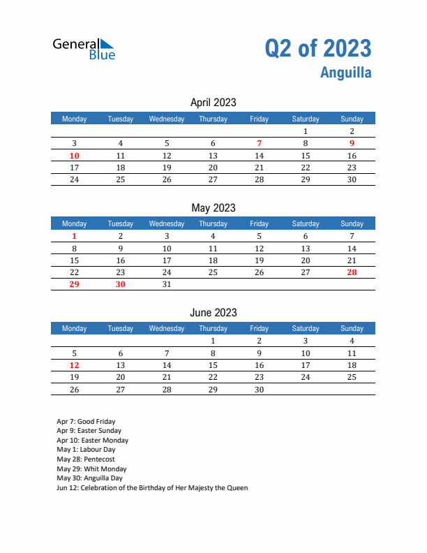 Anguilla Q2 2023 Quarterly Calendar with Monday Start