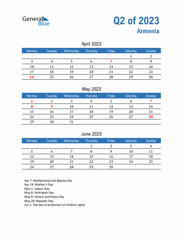 Armenia Q2 2023 Quarterly Calendar with Monday Start