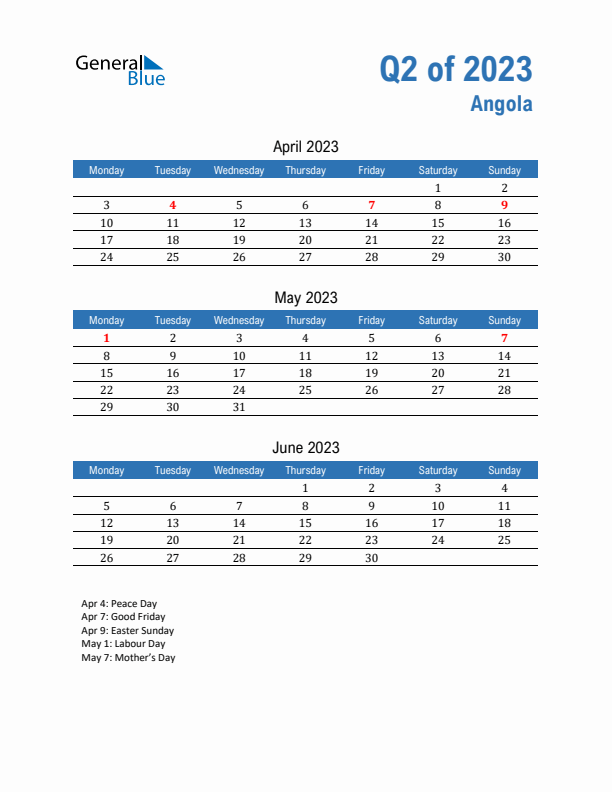 Angola Q2 2023 Quarterly Calendar with Monday Start