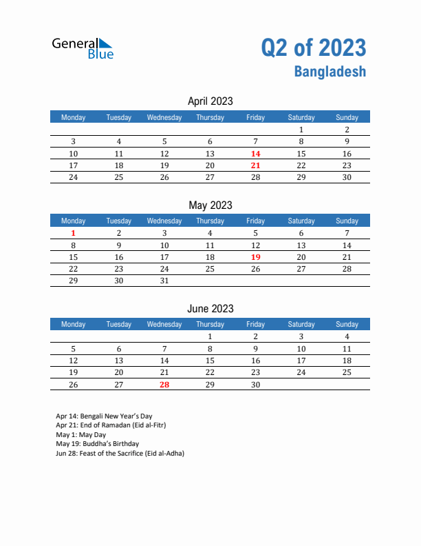 Bangladesh Q2 2023 Quarterly Calendar with Monday Start