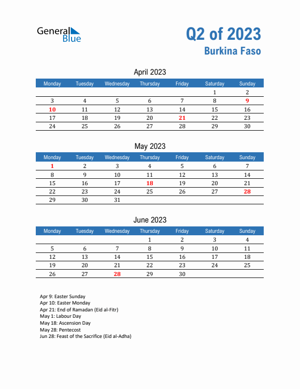 Burkina Faso Q2 2023 Quarterly Calendar with Monday Start