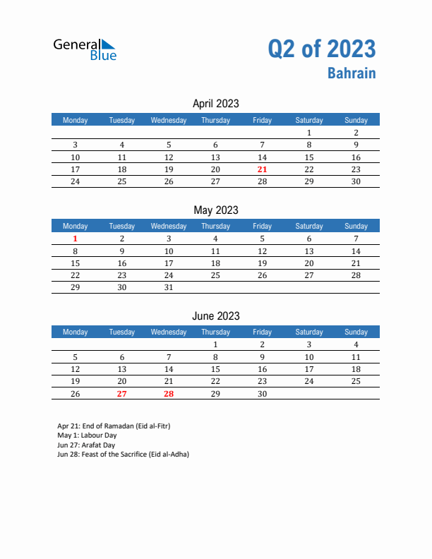 Bahrain Q2 2023 Quarterly Calendar with Monday Start