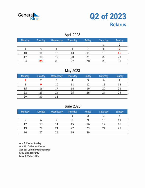 Belarus Q2 2023 Quarterly Calendar with Monday Start