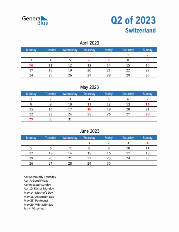 Switzerland Q2 2023 Quarterly Calendar with Monday Start