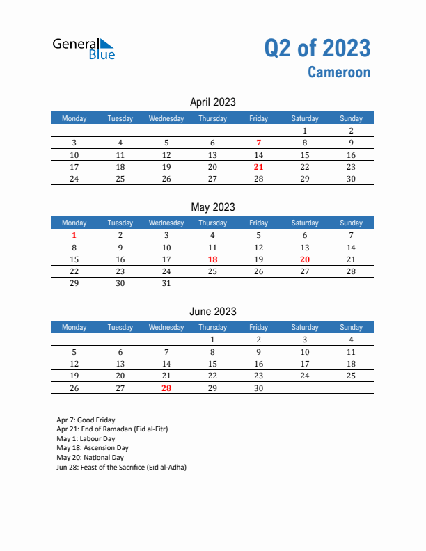 Cameroon Q2 2023 Quarterly Calendar with Monday Start