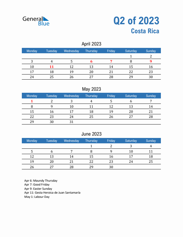 Costa Rica Q2 2023 Quarterly Calendar with Monday Start