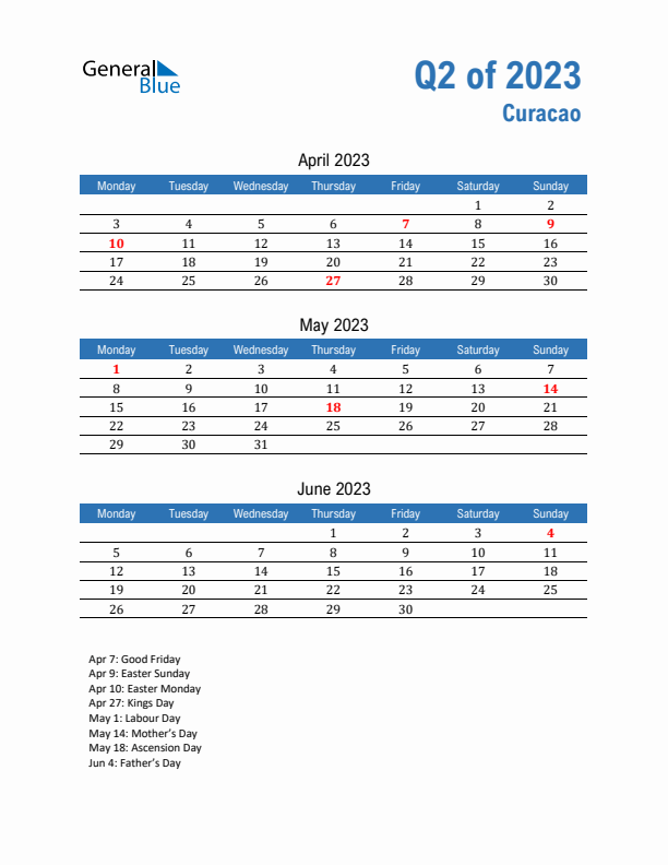 Curacao Q2 2023 Quarterly Calendar with Monday Start