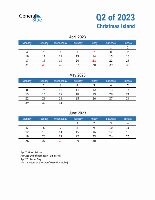 Christmas Island Q2 2023 Quarterly Calendar with Monday Start