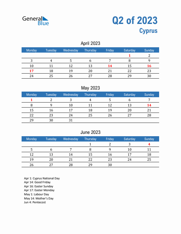 Cyprus Q2 2023 Quarterly Calendar with Monday Start