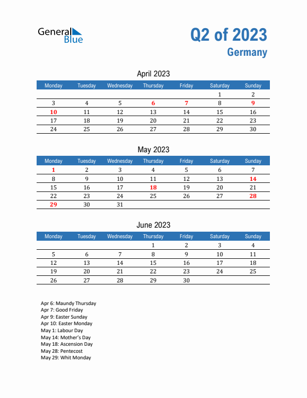 Germany Q2 2023 Quarterly Calendar with Monday Start