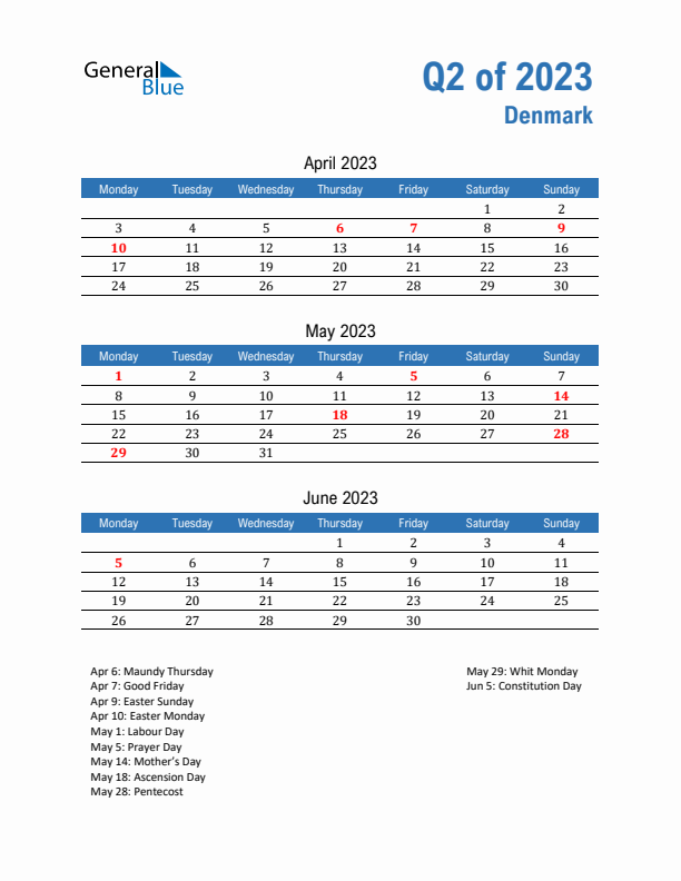 Denmark Q2 2023 Quarterly Calendar with Monday Start