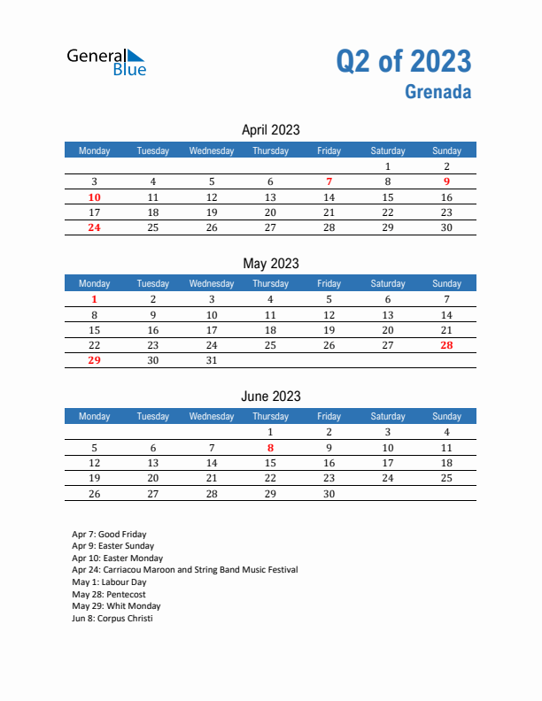 Grenada Q2 2023 Quarterly Calendar with Monday Start