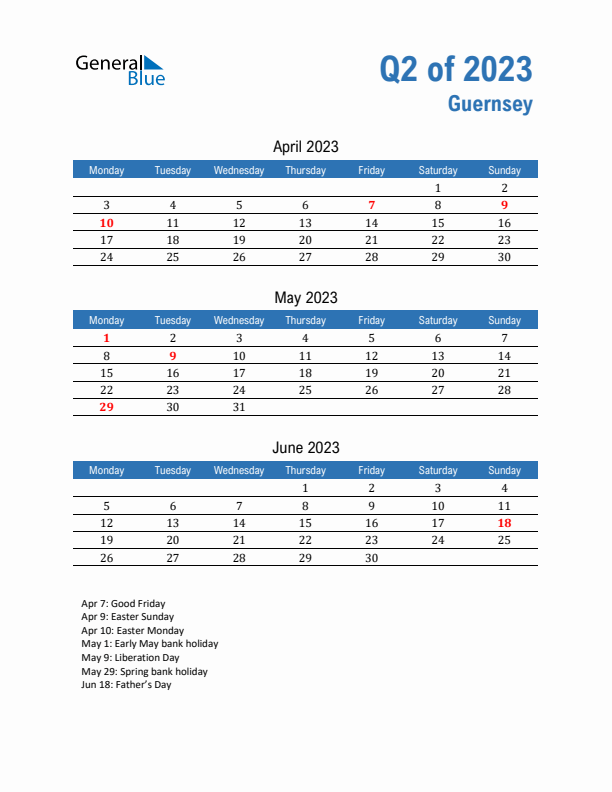 Guernsey Q2 2023 Quarterly Calendar with Monday Start