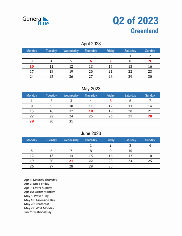 Greenland Q2 2023 Quarterly Calendar with Monday Start