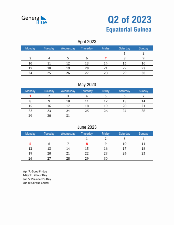 Equatorial Guinea Q2 2023 Quarterly Calendar with Monday Start