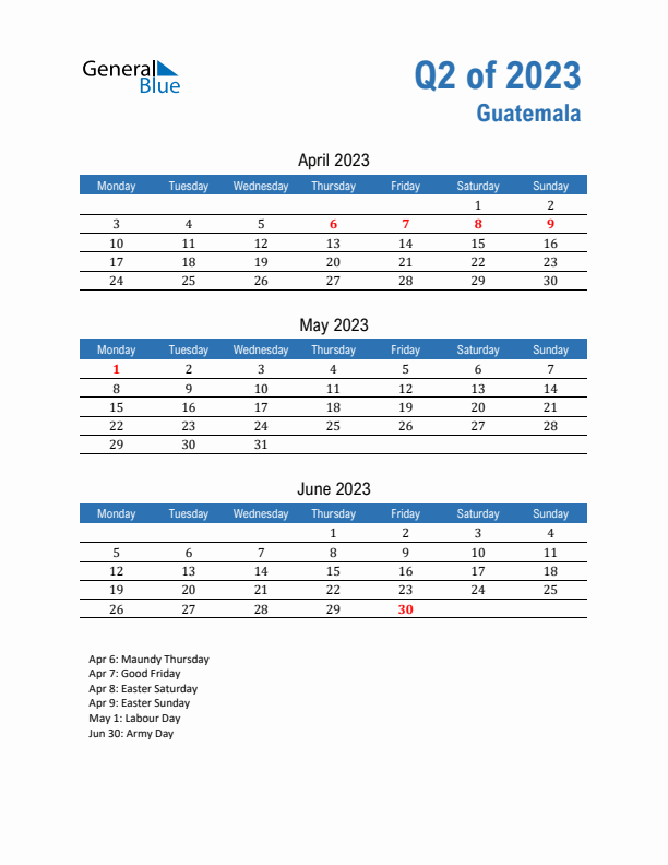 Guatemala Q2 2023 Quarterly Calendar with Monday Start