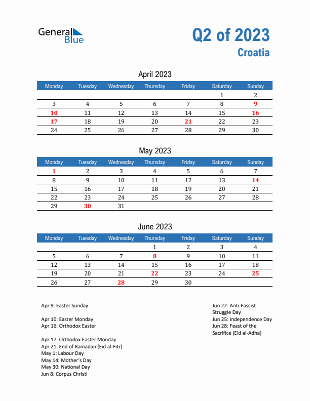 Croatia Q2 2023 Quarterly Calendar with Monday Start