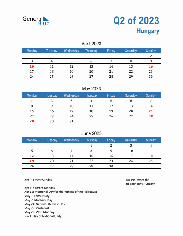 Hungary Q2 2023 Quarterly Calendar with Monday Start