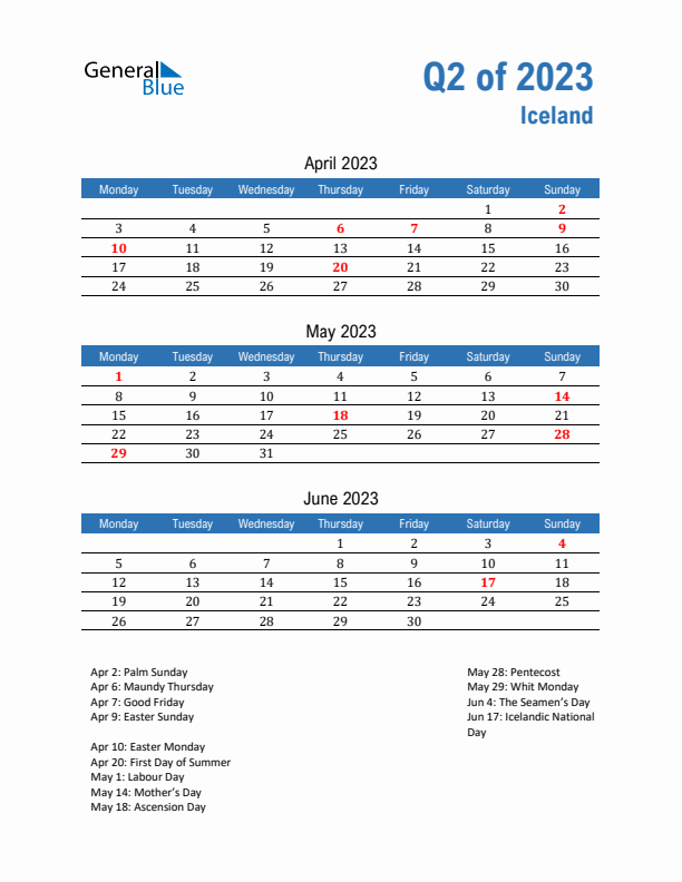 Iceland Q2 2023 Quarterly Calendar with Monday Start