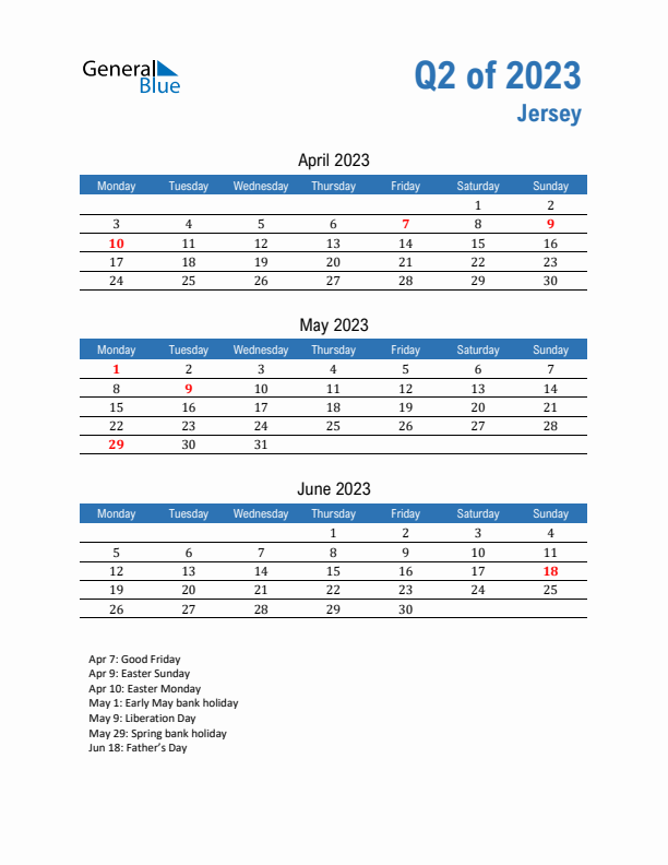 Jersey Q2 2023 Quarterly Calendar with Monday Start