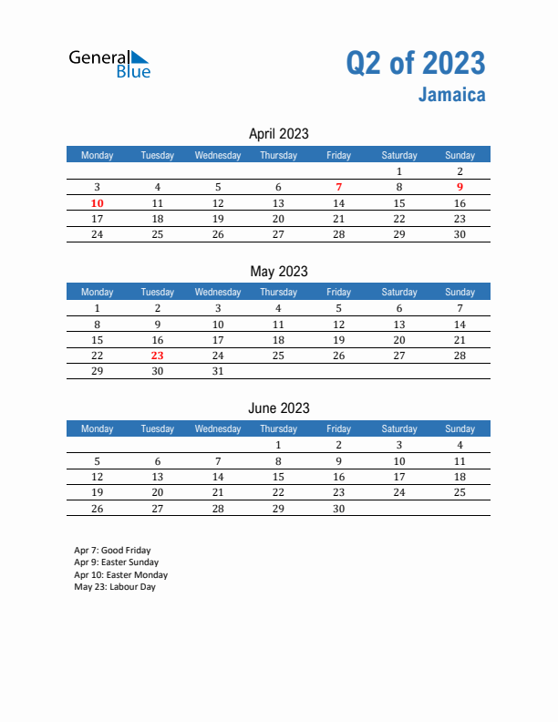 Jamaica Q2 2023 Quarterly Calendar with Monday Start