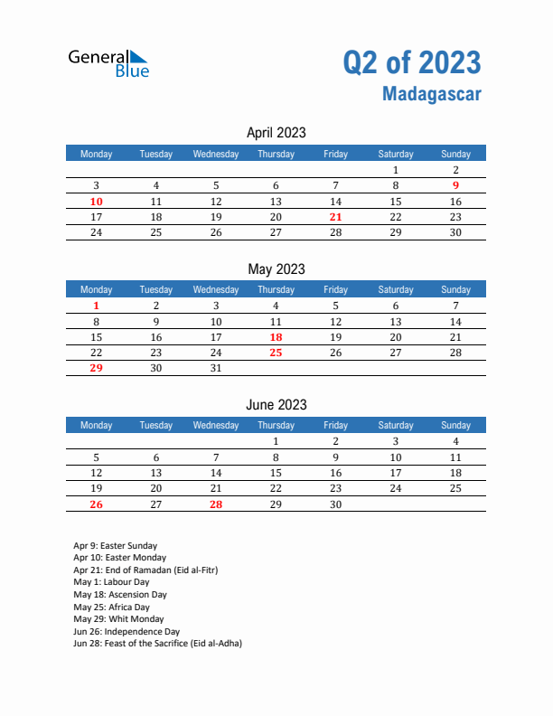 Madagascar Q2 2023 Quarterly Calendar with Monday Start