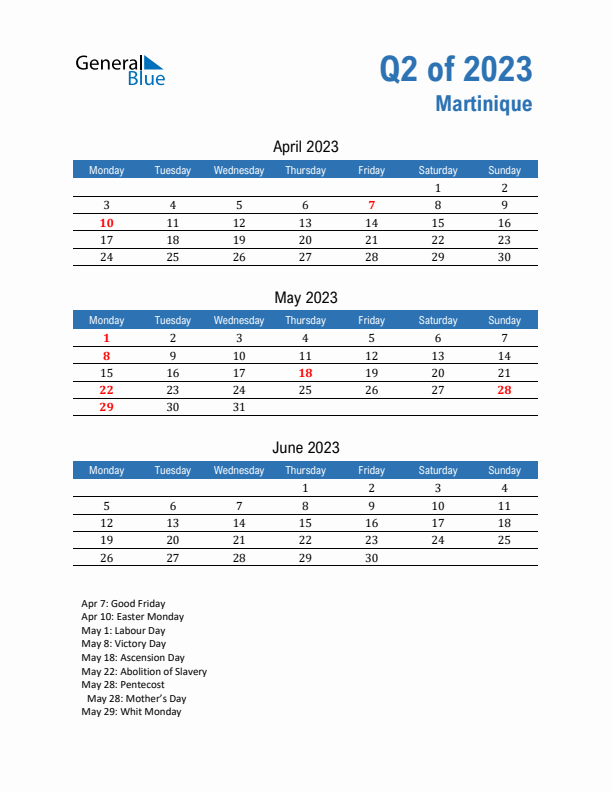 Martinique Q2 2023 Quarterly Calendar with Monday Start