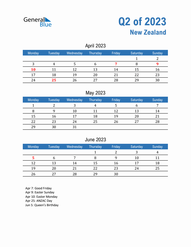 New Zealand Q2 2023 Quarterly Calendar with Monday Start