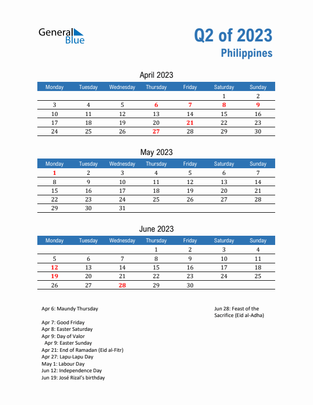 Philippines Q2 2023 Quarterly Calendar with Monday Start