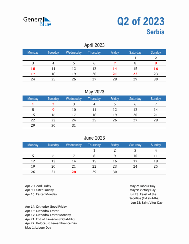 Serbia Q2 2023 Quarterly Calendar with Monday Start