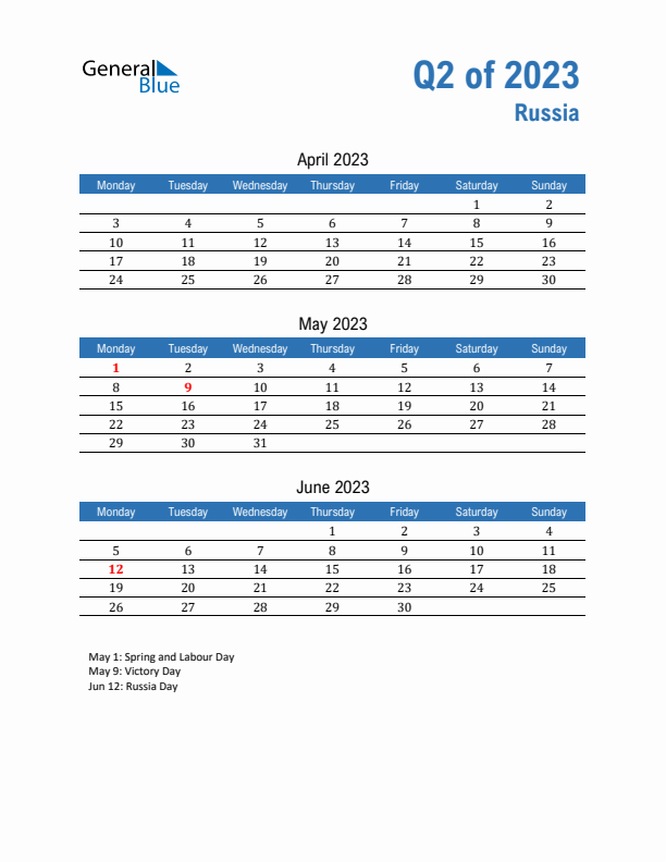 Russia Q2 2023 Quarterly Calendar with Monday Start