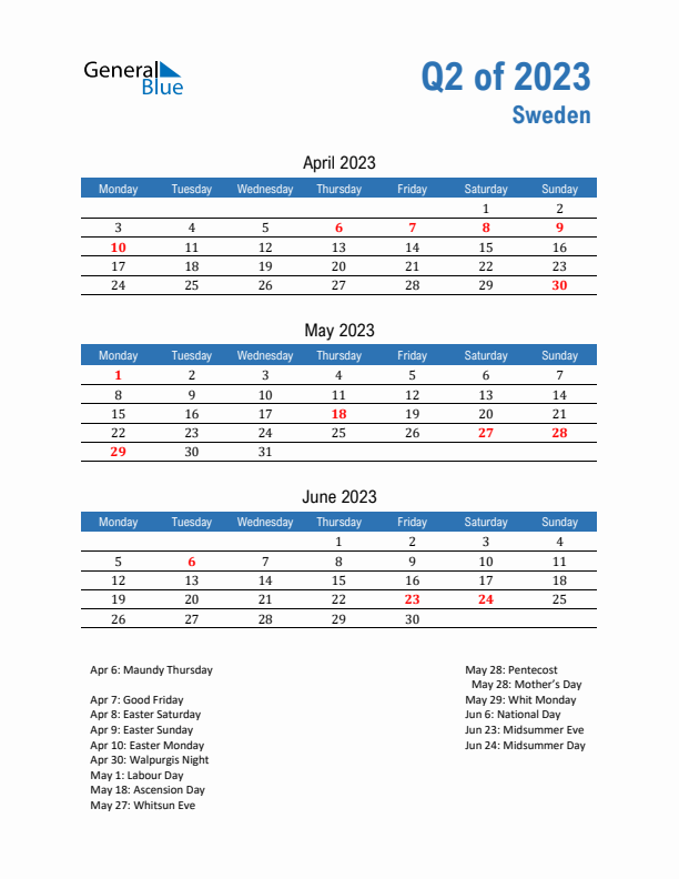 Sweden Q2 2023 Quarterly Calendar with Monday Start