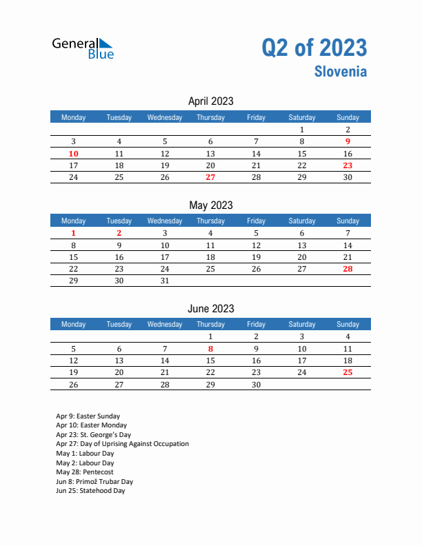 Slovenia Q2 2023 Quarterly Calendar with Monday Start