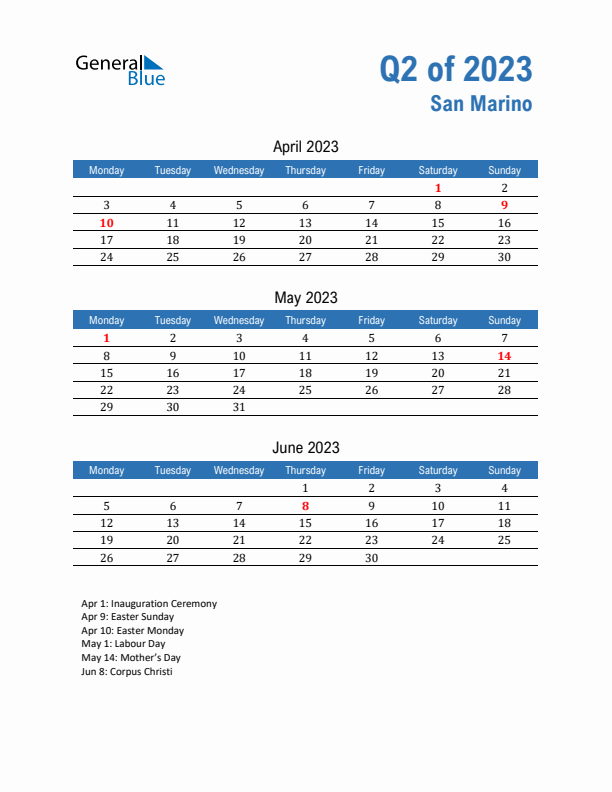 San Marino Q2 2023 Quarterly Calendar with Monday Start