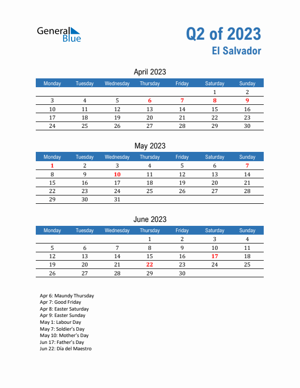 El Salvador Q2 2023 Quarterly Calendar with Monday Start